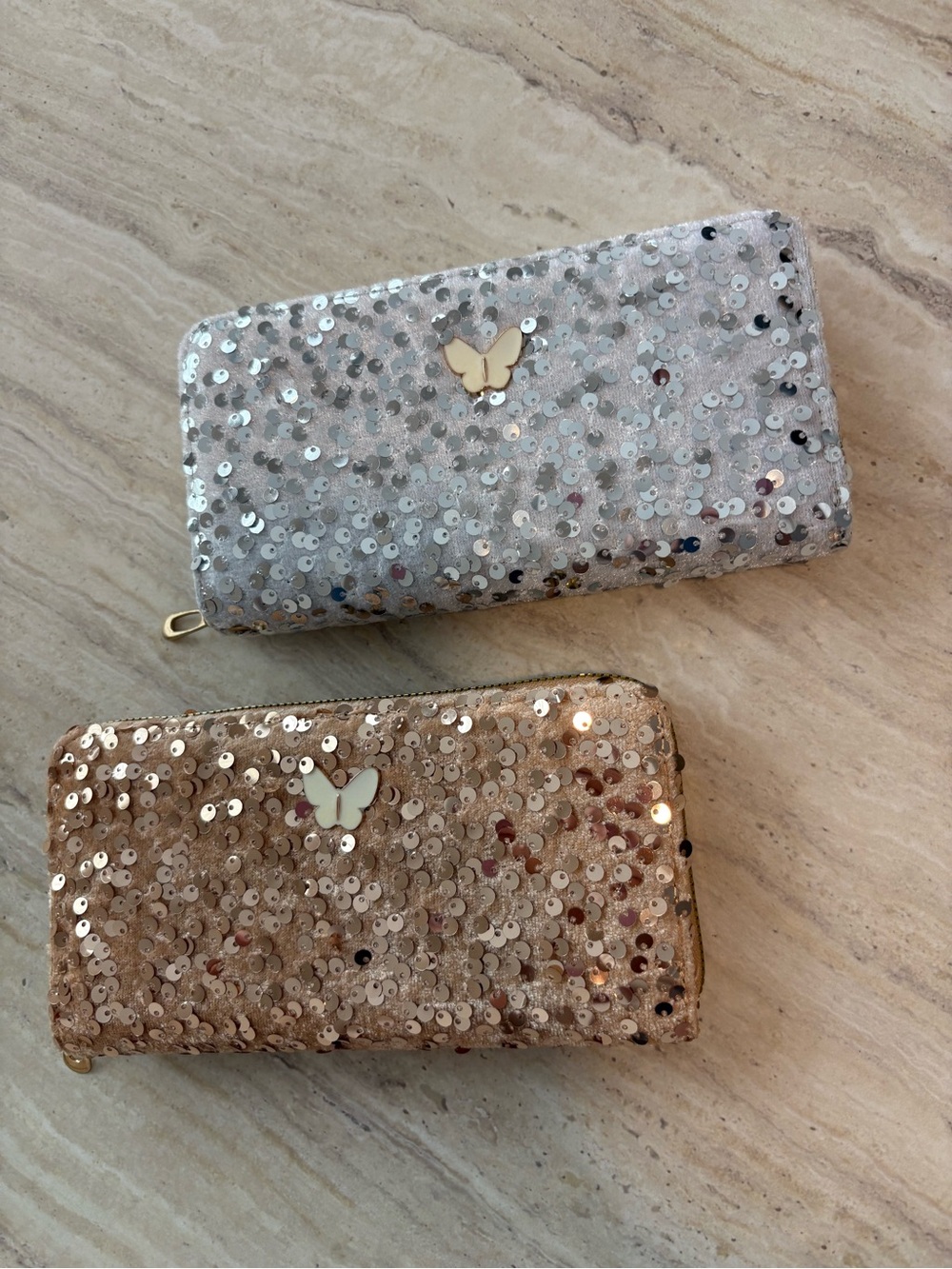Sequin Zip-Around Wallet in Silver and Rose Gold